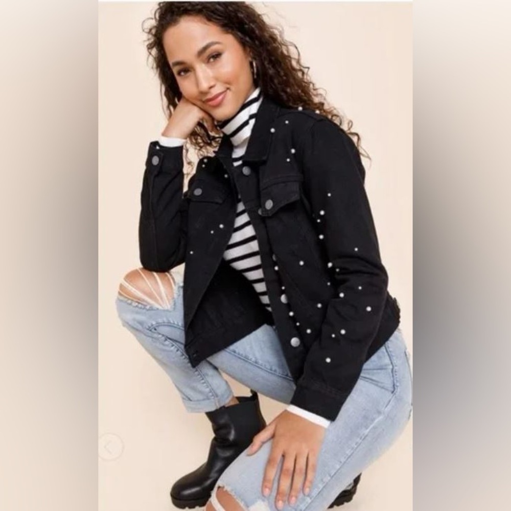 Francesca’s Black Denim Pearl Embellished Jean Jacket by TGLA Boutique